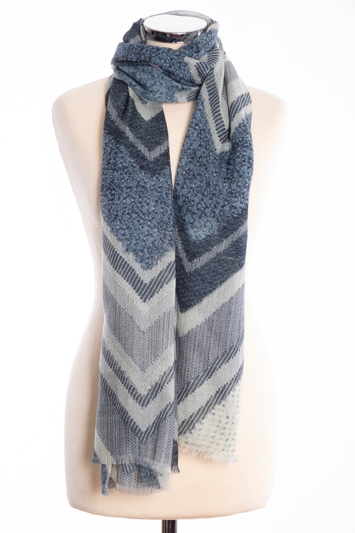 Kapre chevron design scarf, grey, tied view