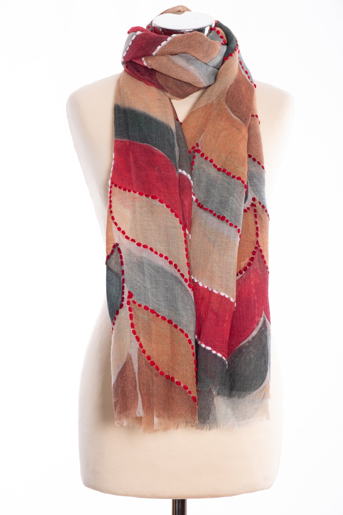 Kapre leaf design scarf, green/brown, tied view