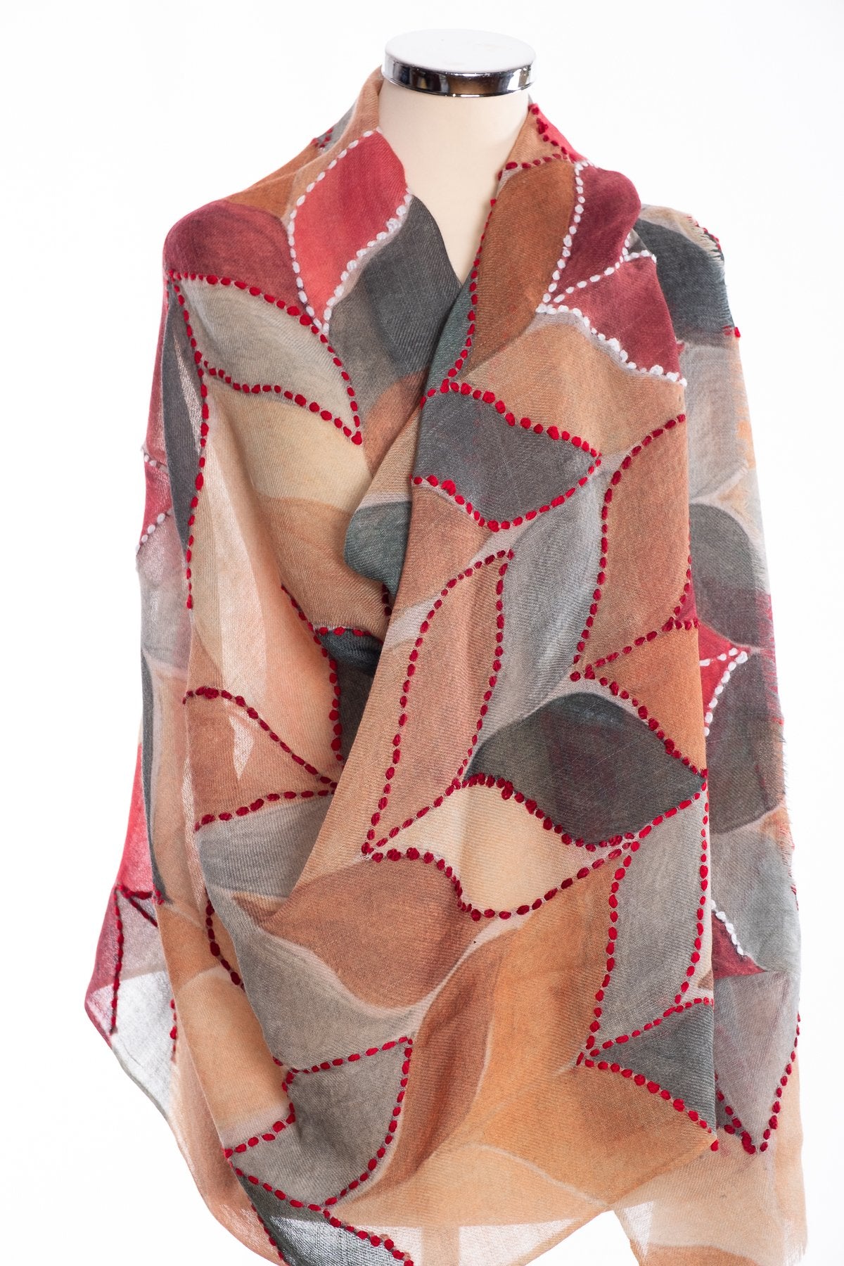 Kapre leaf design scarf, green/brown, wrap view