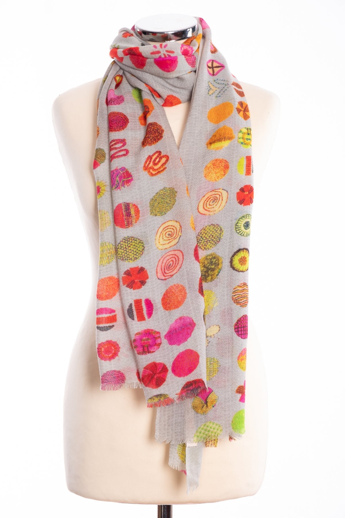 Kapre flower motif scarf, red, tied view