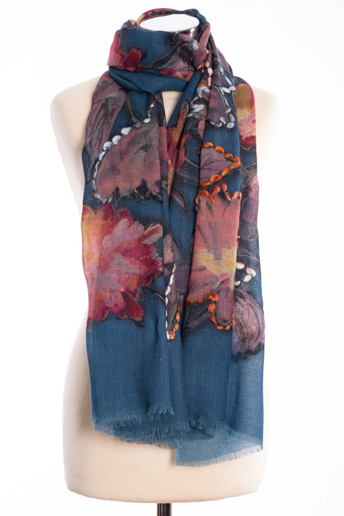 Kapre painted flower scarf, petrol, tied view