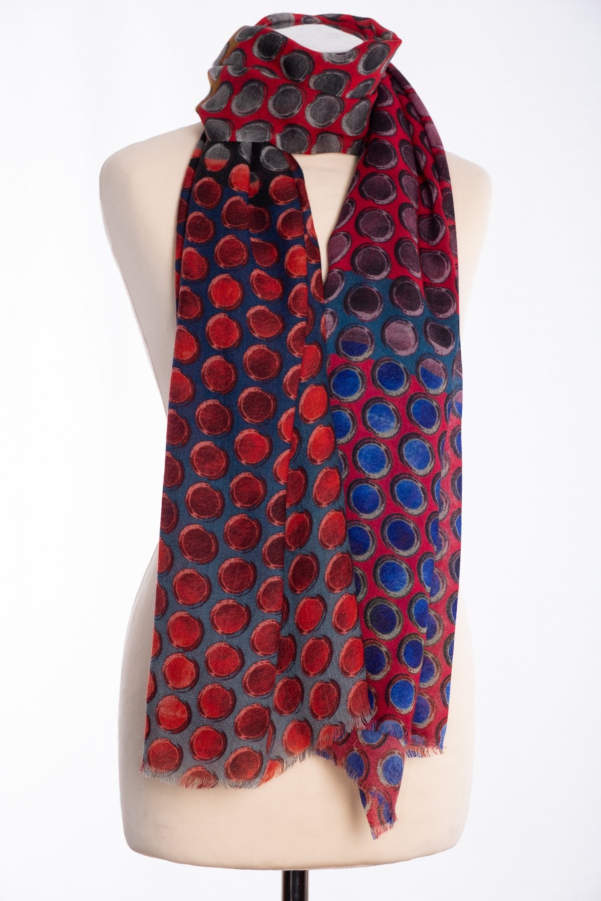 Kapre painted dots design scarf, red, tied view