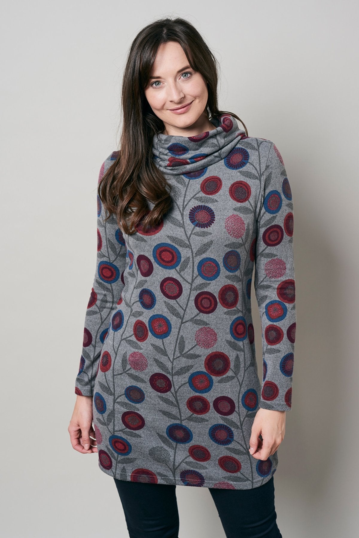 Lily and Me Winkleigh tunic, Floral Stamp print, grey, model front view