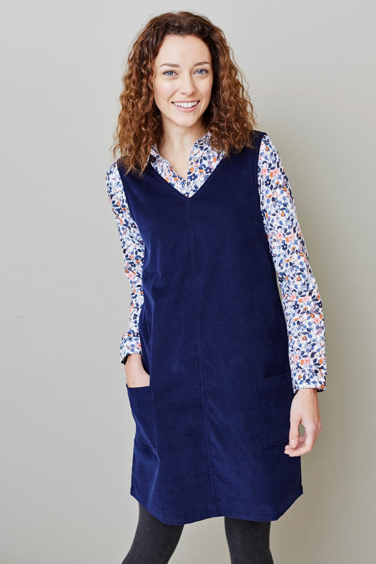 Lily and Me Gatehouse needlecord tunic dress, navy, model front view