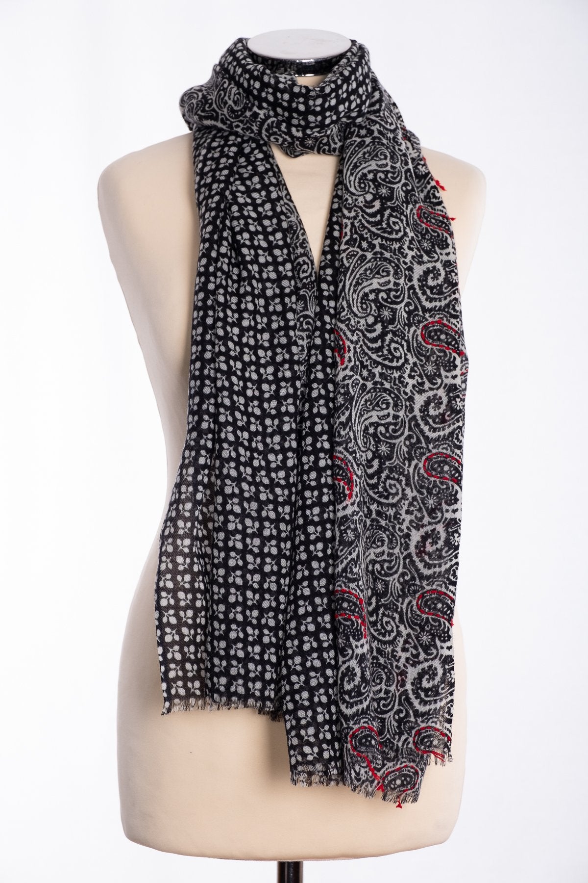 Ombrfe two panel scarf, black, tied view