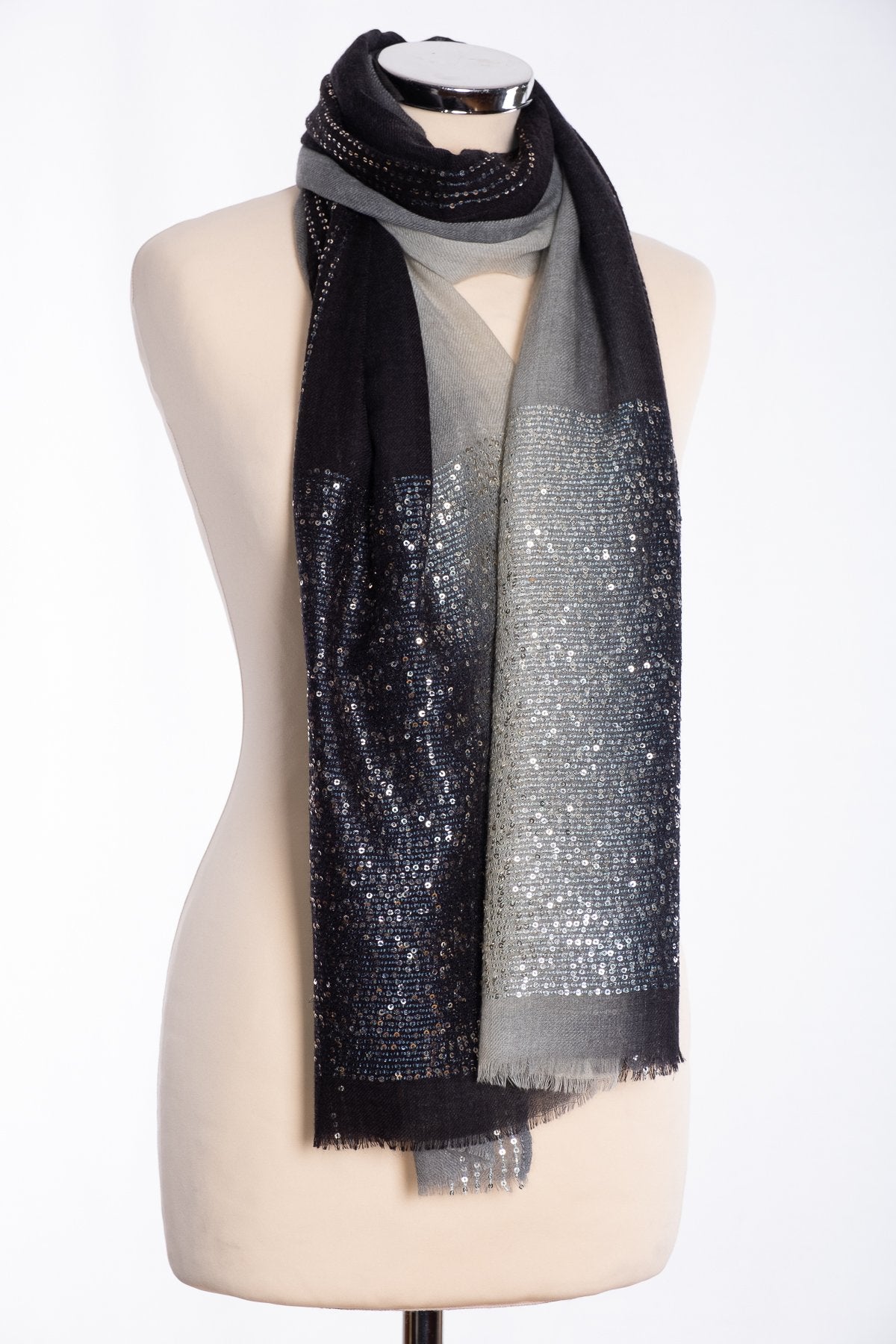 Ombre sequin scarf, black, tied view