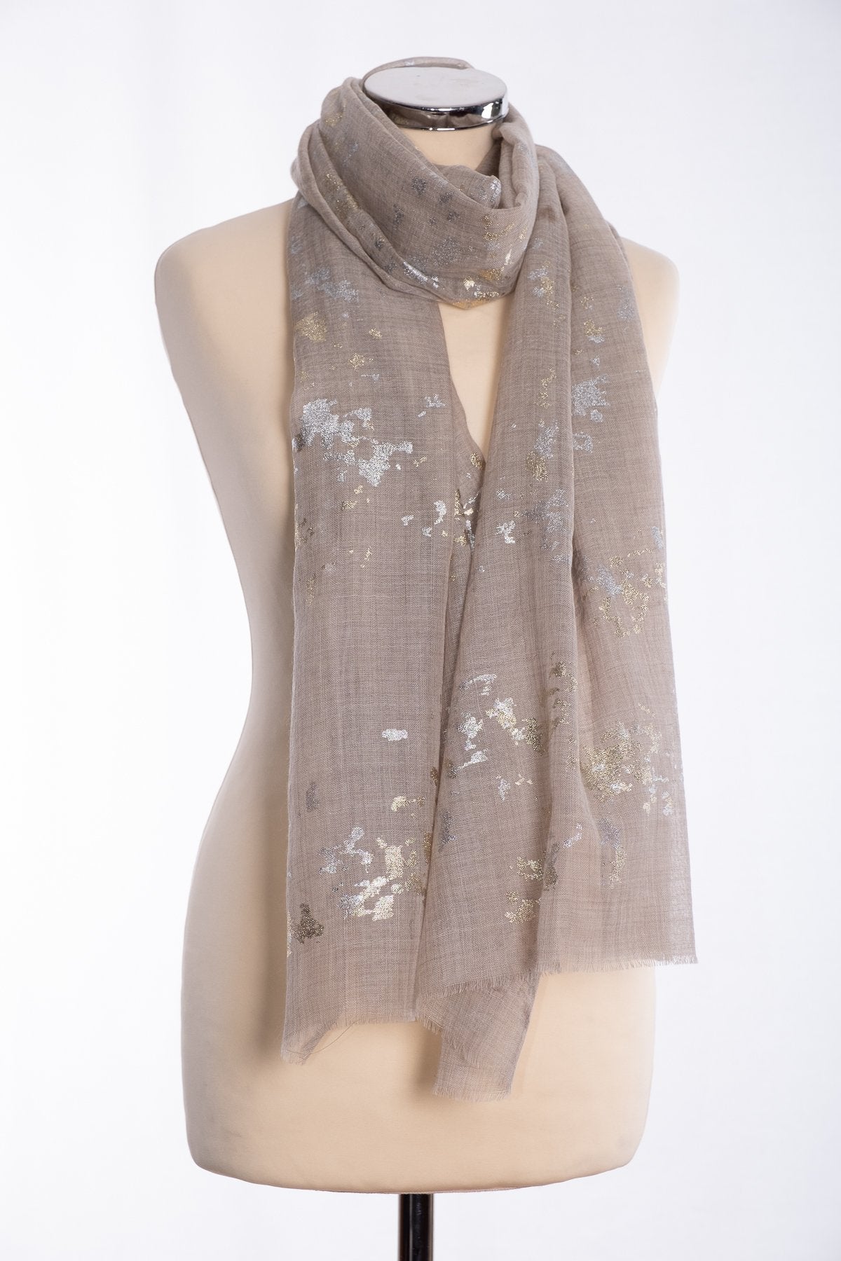 Ombre gold and silver foil scarf, beige, tied view