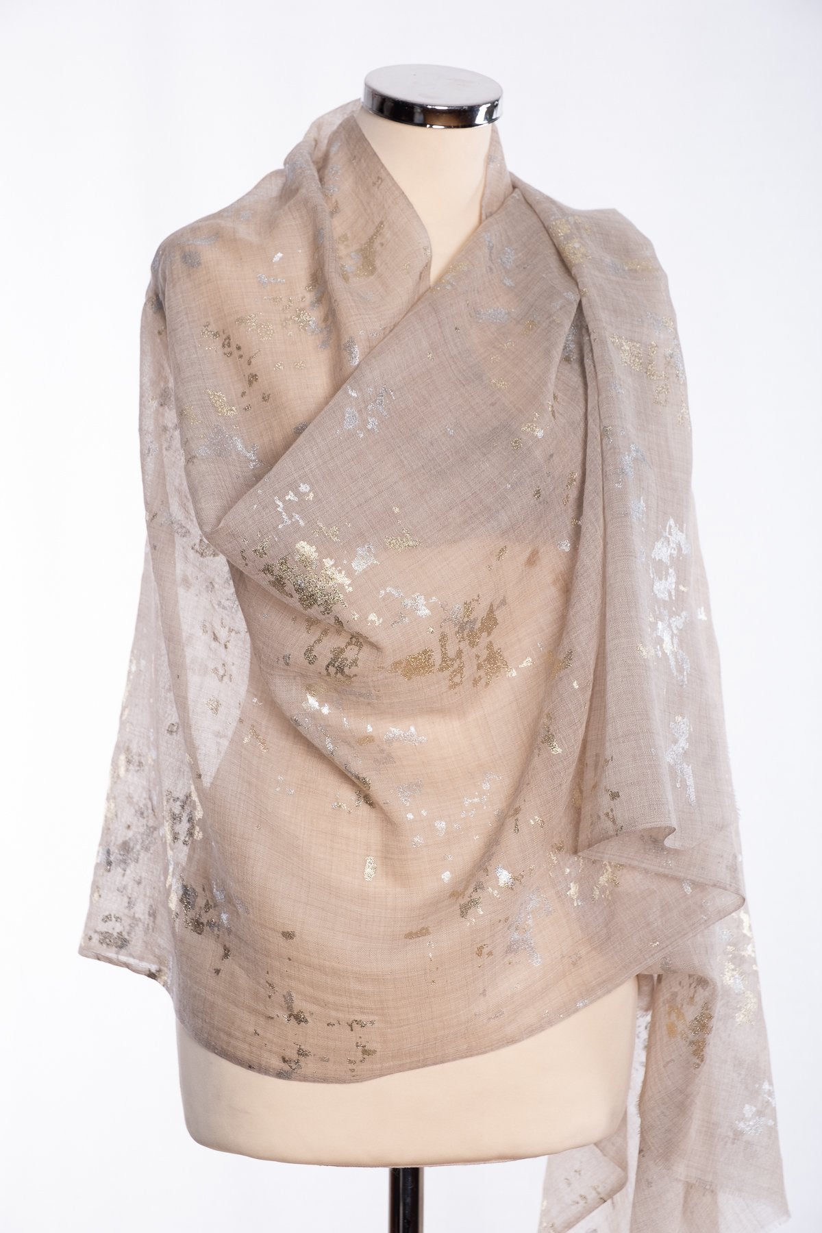 Ombre gold and silver foil scarf, beige, wrap view