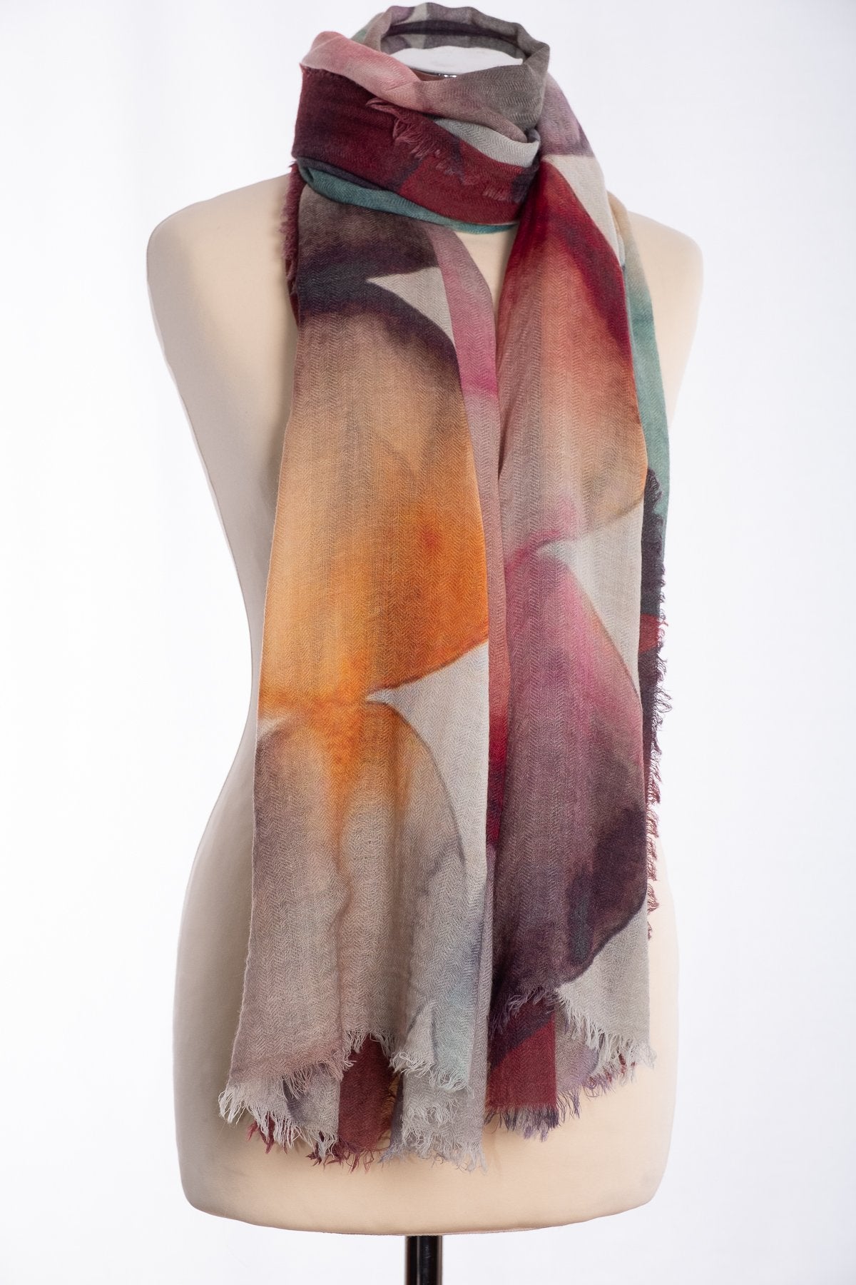 Ombre circles design scarf, wine, tied view