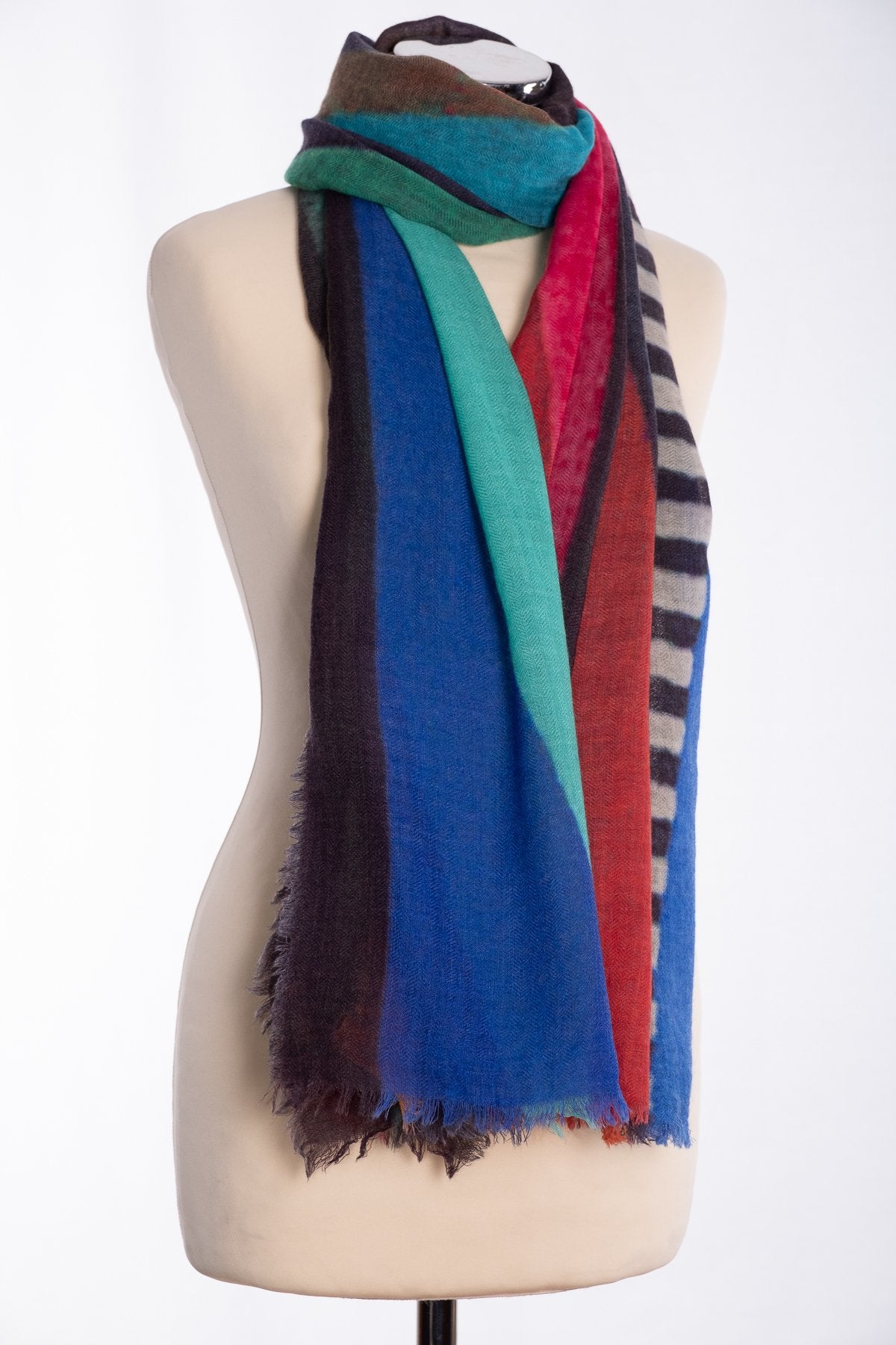 Ombre tringles and stripes scarf, multi colour, tied view
