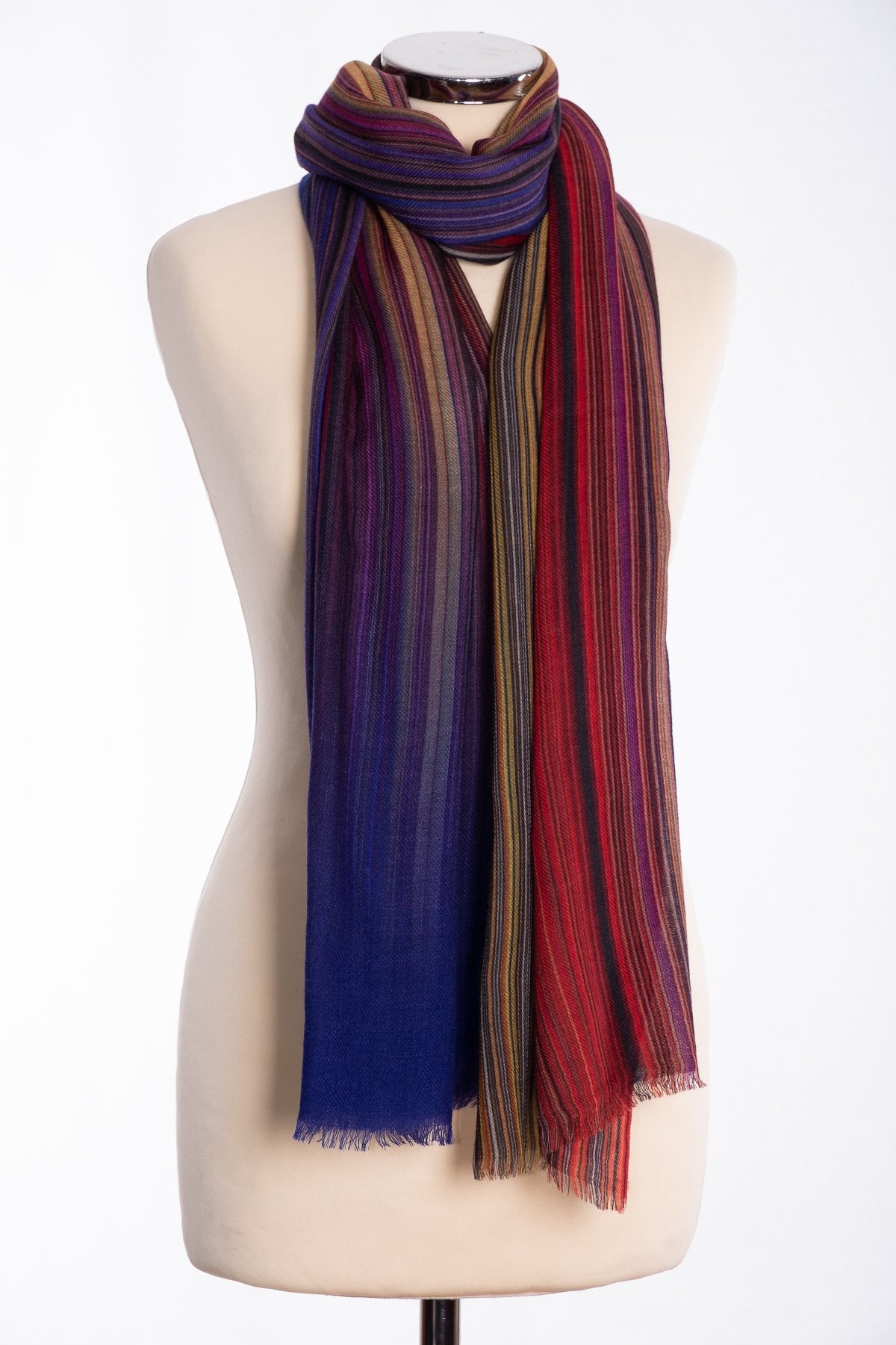 Ombre stripe design scarf, multi colour, tied view