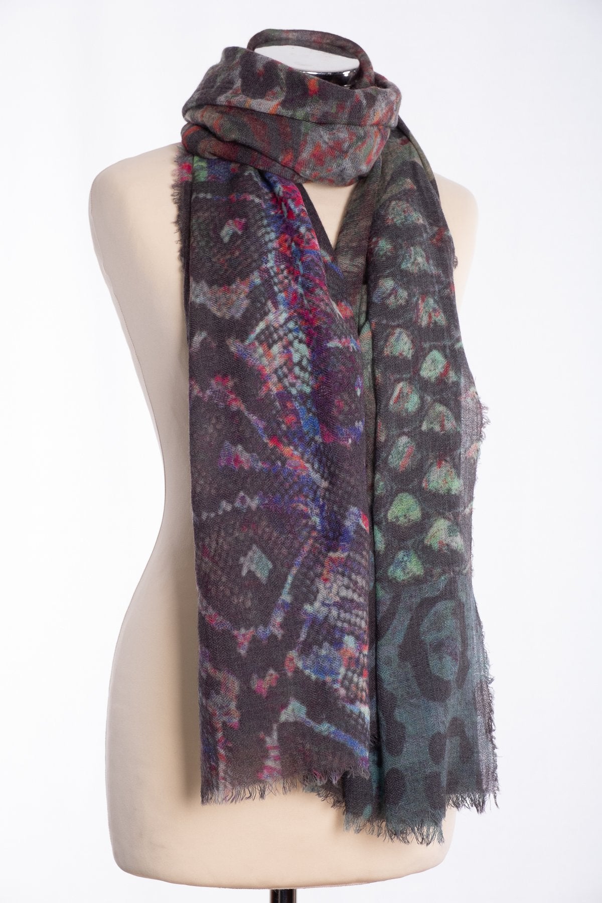 Ombre abstract snakeskin scarf, grey, tied view