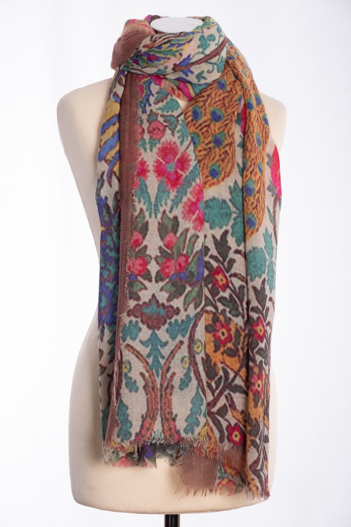 Ombre tree of life scarf, brown, tied view