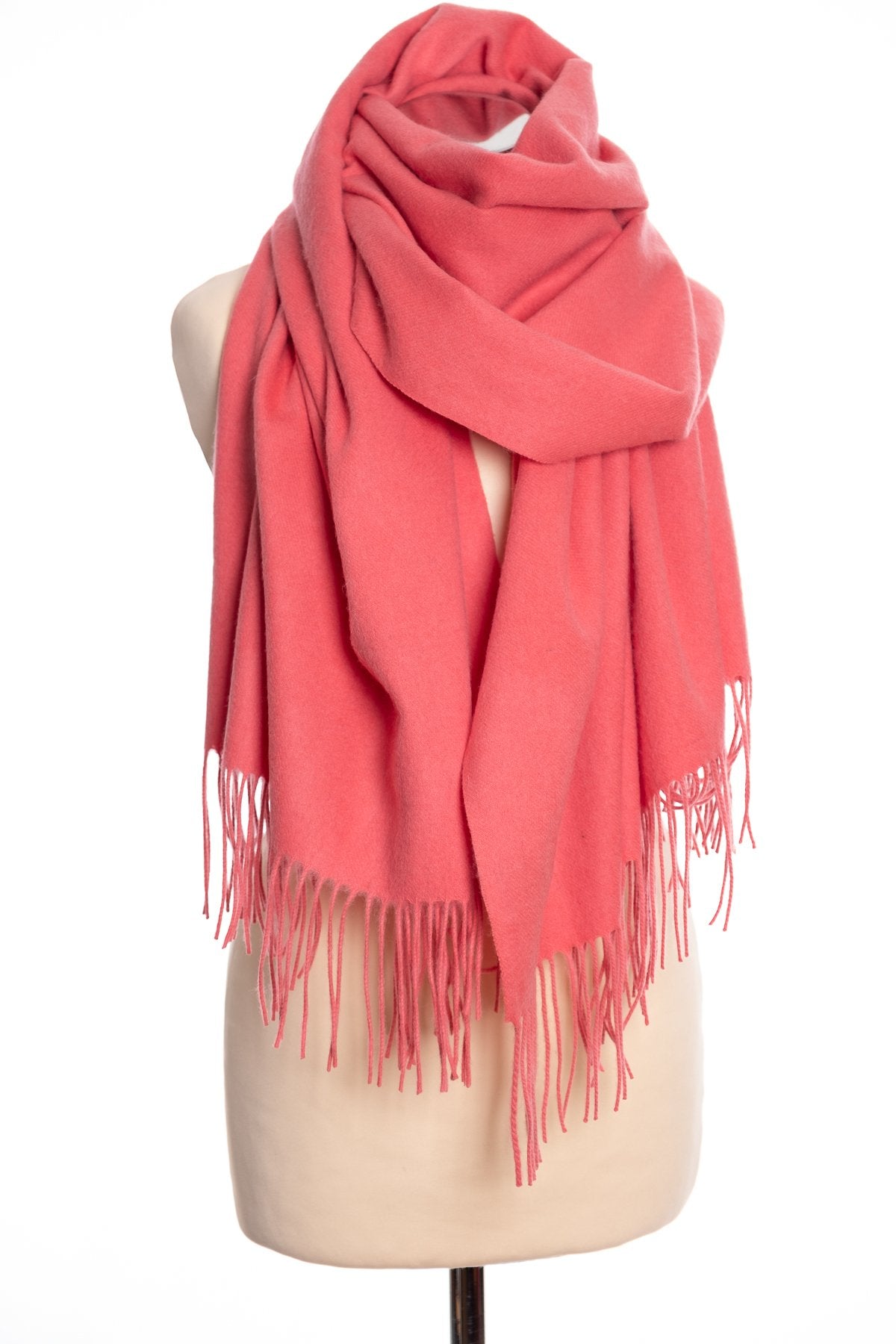 mbyM lambswool stole, coral, tied view