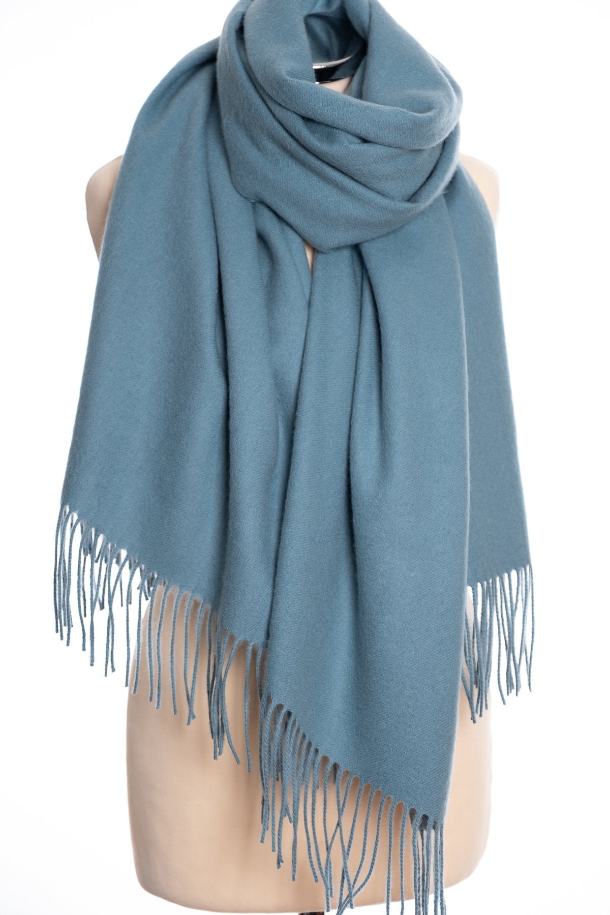 mbyM lambswool stole, aqua, tied view