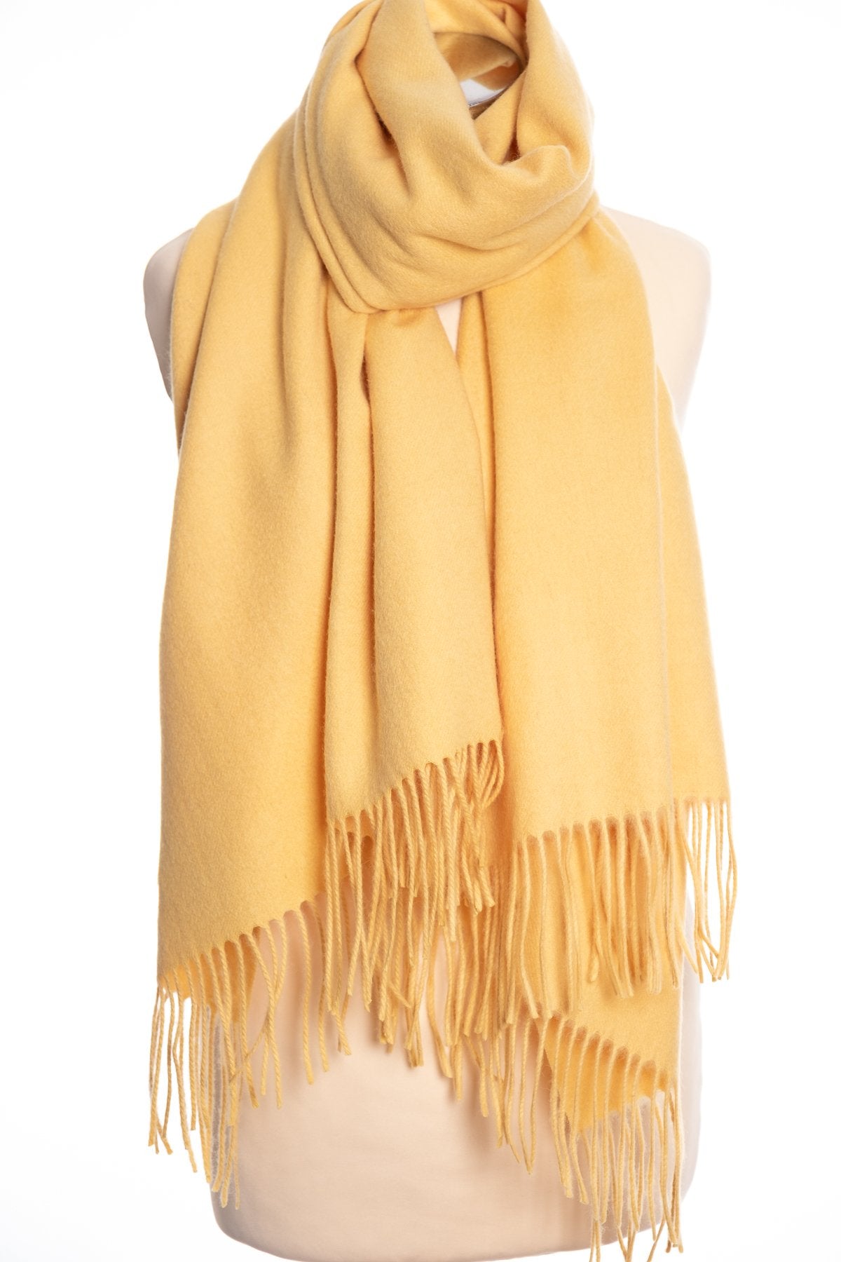 mbyM lambswool stole, primrose, tied view